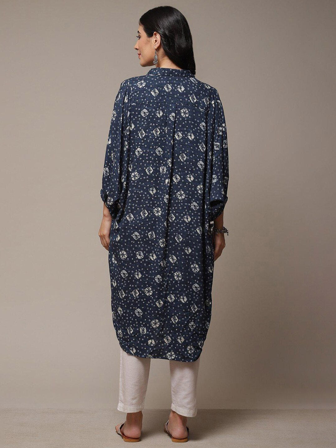 Biba Bandhani Printed Puff Sleeves Shirt Collar Kurta - Distacart