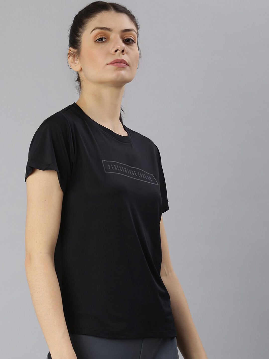 MKH Women Black Typography Dri-FIT Polyester Round Neck Sports T-shirt - Distacart