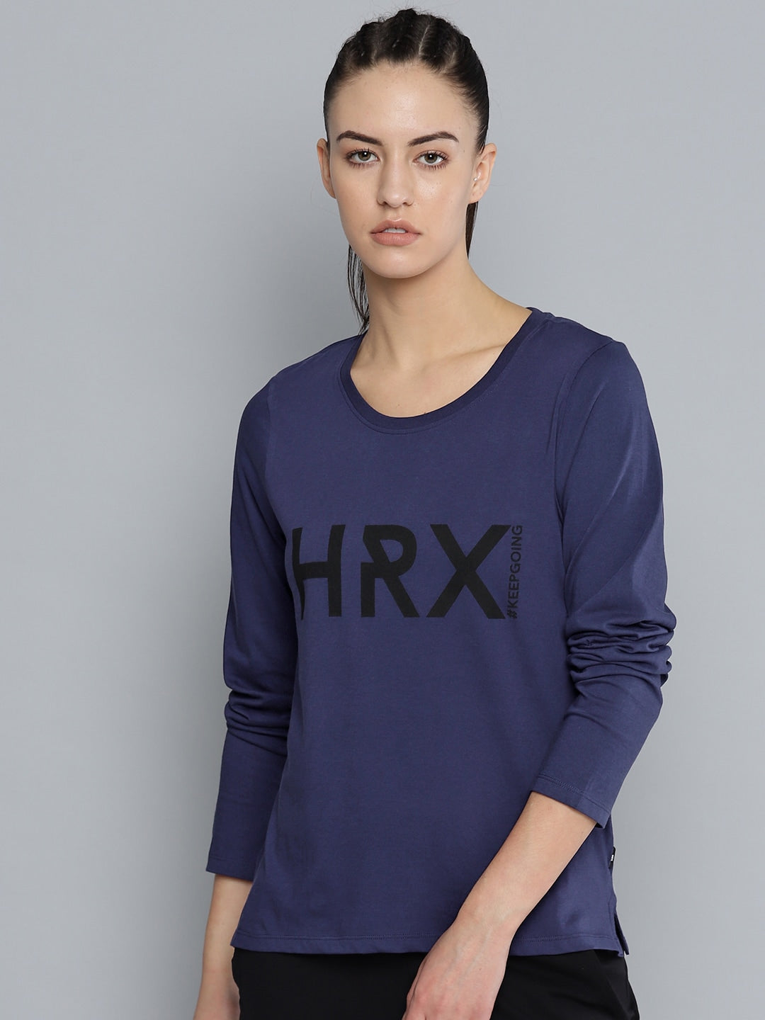 HRX by Hrithik Roshan Women Navy Blue & Black Printed Lifestyle Regular Fit T-Shirt - Distacart