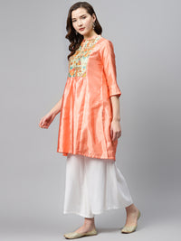 Thumbnail for Biba Women Peach-Coloured & Green Yoke Design A-Line Kurta With Sheen Effect - Distacart