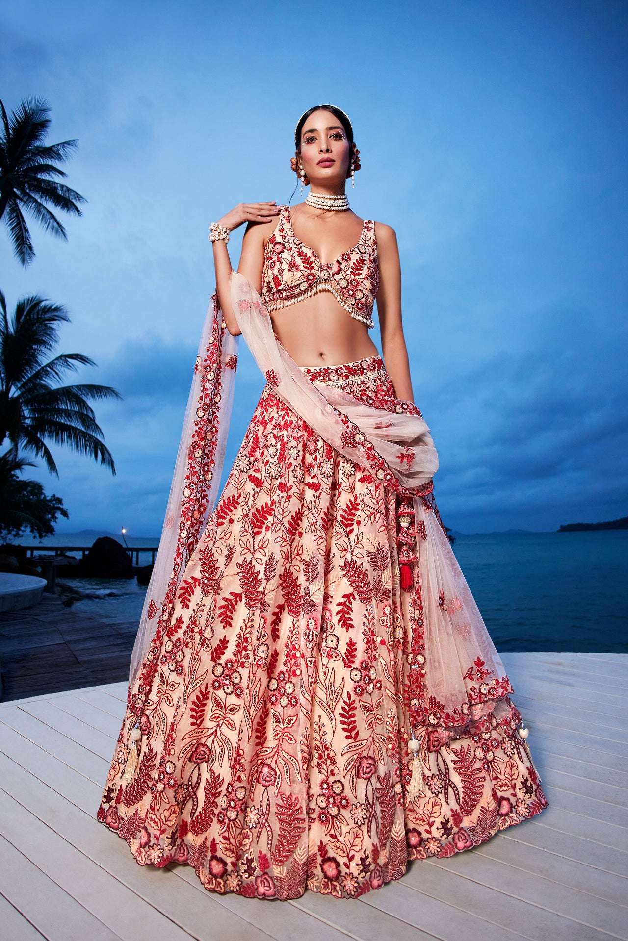 House of Panchhi Peach Net Sequins, Mirror And Thread Embroidery Lehenga Choli & Dupatta - Distacart
