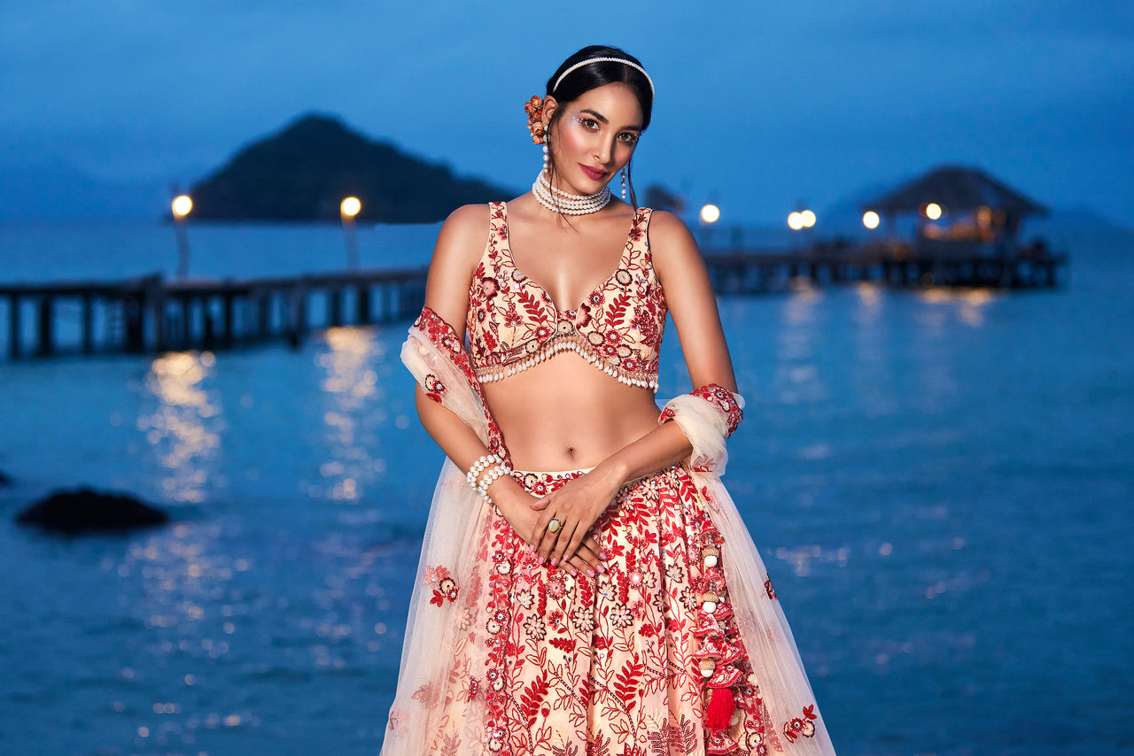 House of Panchhi Peach Net Sequins, Mirror And Thread Embroidery Lehenga Choli & Dupatta - Distacart