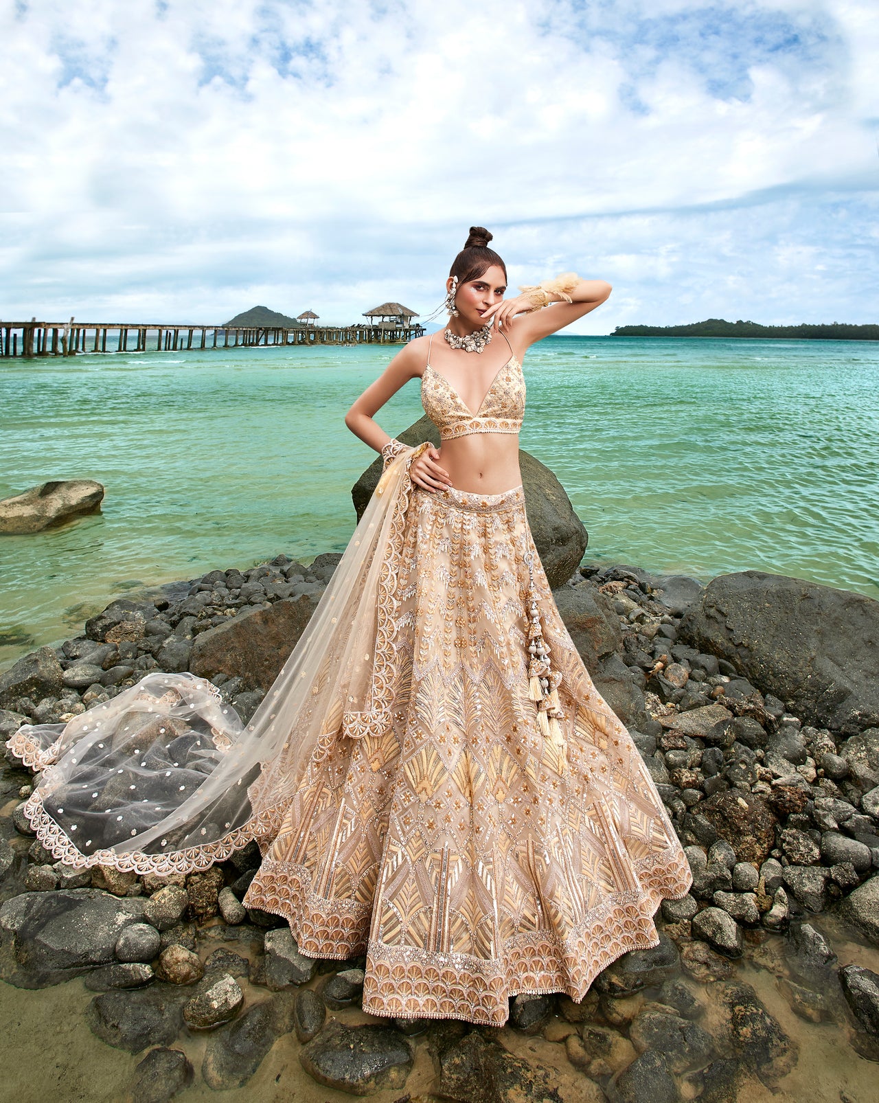 House of Panchhi Cream Net Sequins, Zarkan And Thread Embroidery Lehenga Choli & Dupatta - Distacart