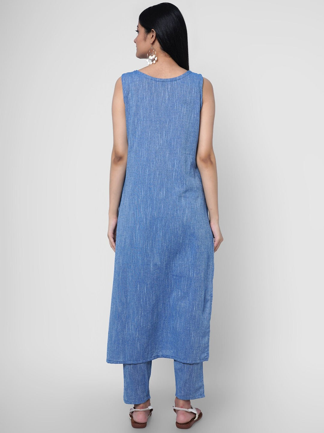 Kalini Women Blue Floral Yoke Design Thread Work Pure Cotton Kurta with Trousers - Distacart