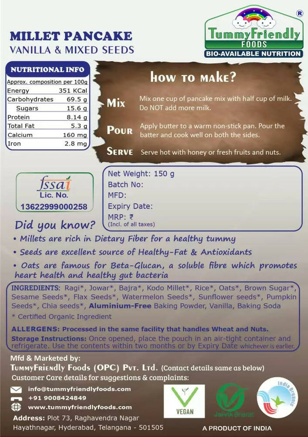 TummyFriendly Foods Aluminium-Free Millet Pancake Mix - Vanilla Mixed Seeds - Distacart