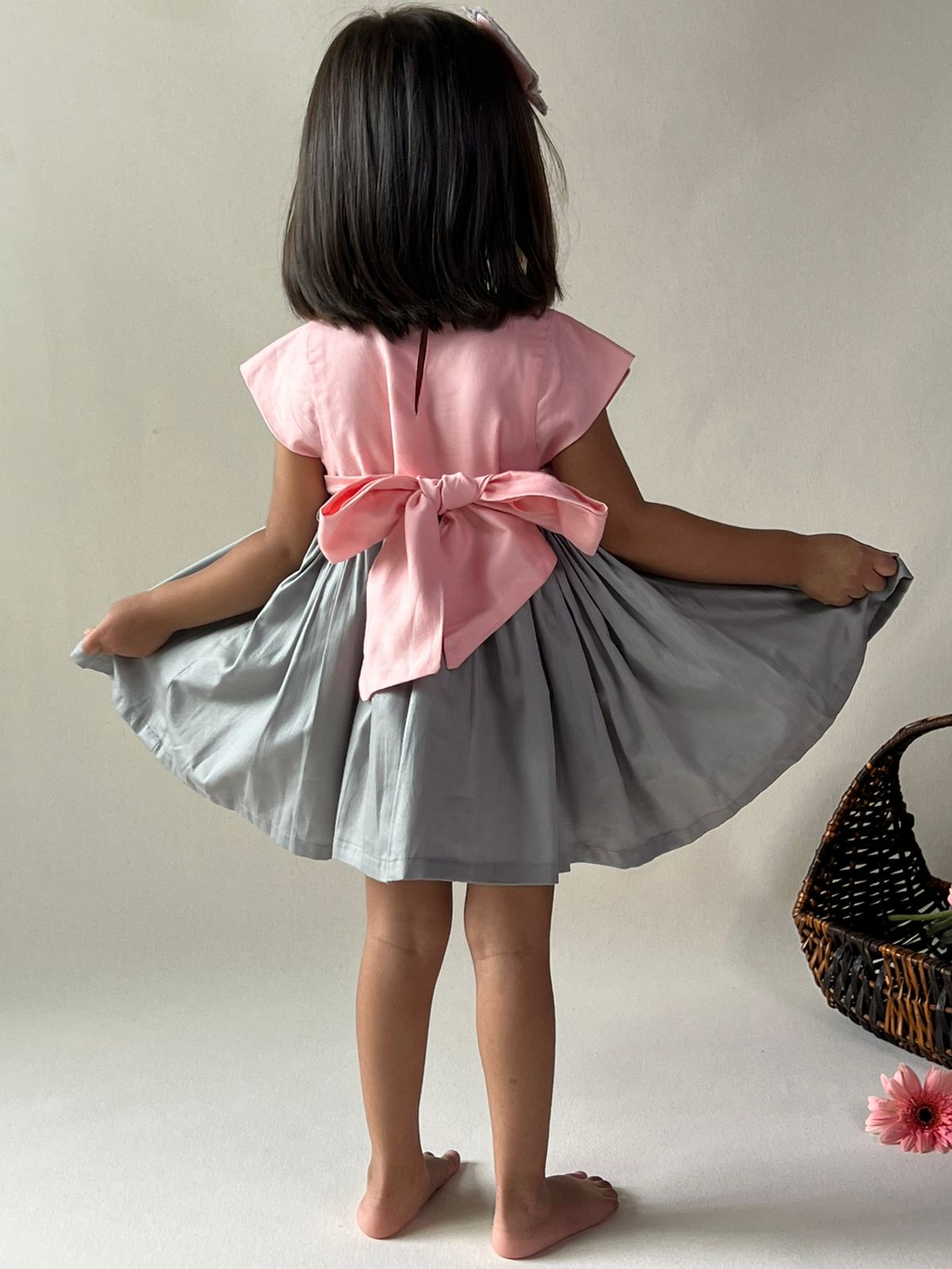 ArthLife Peach And Grey Unicorn Embroidered Dress - Distacart