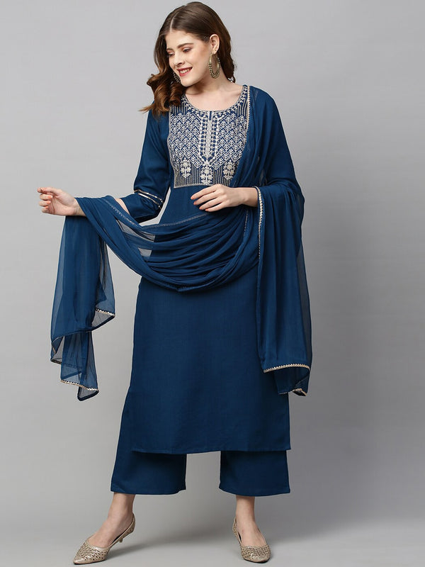 Kalini Women Blue Ethnic Motifs Kurta with Palazzos & With Dupatta - Distacart