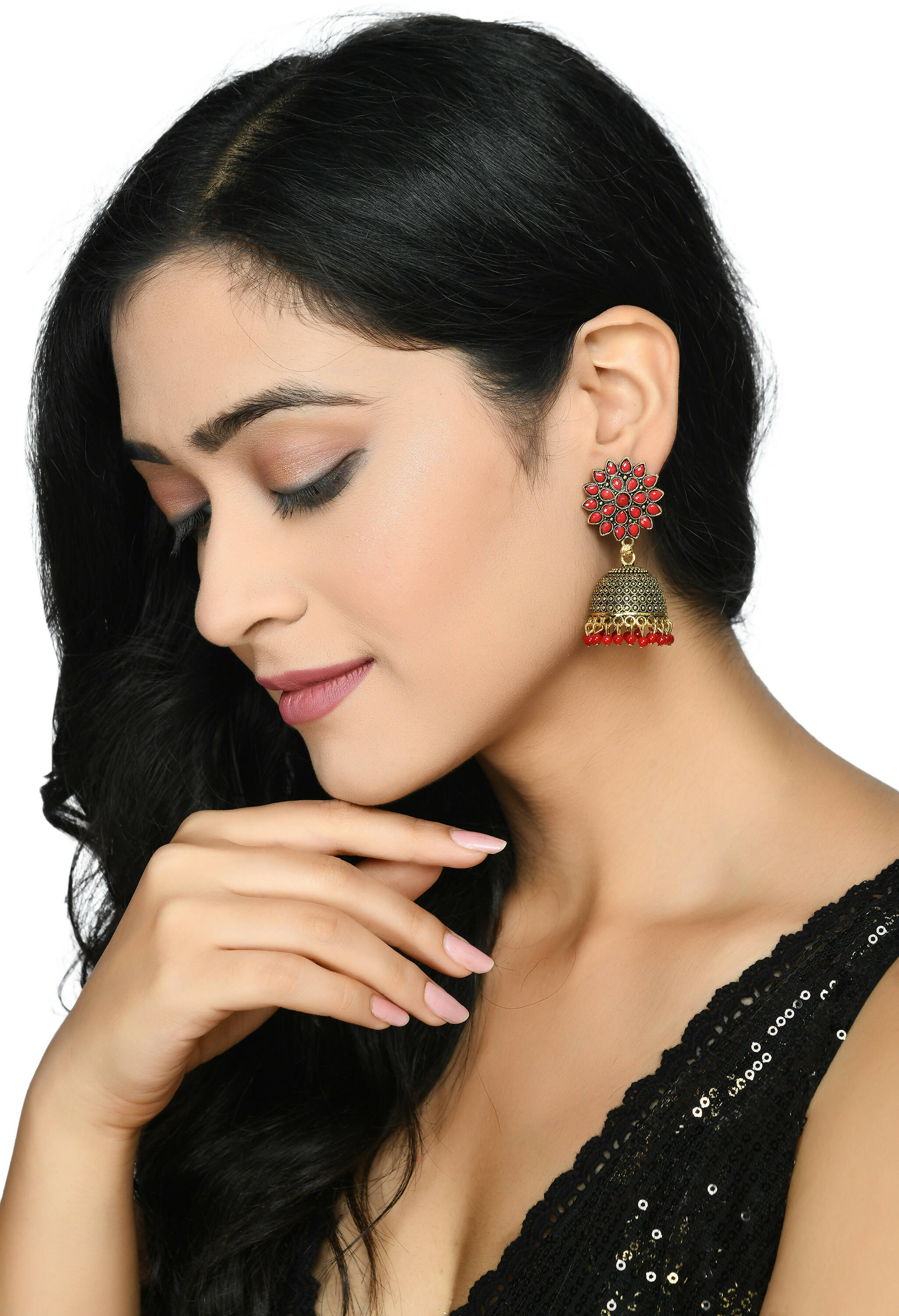 Mominos Fashion Joharkamal Kundan work Jhumka with Red Beads - Distacart