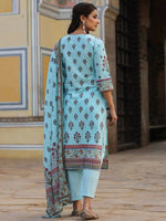 Thumbnail for Juniper Women's Skyblue Cambric Floral Placement Printed Straight Fit Kurta Sets - Distacart