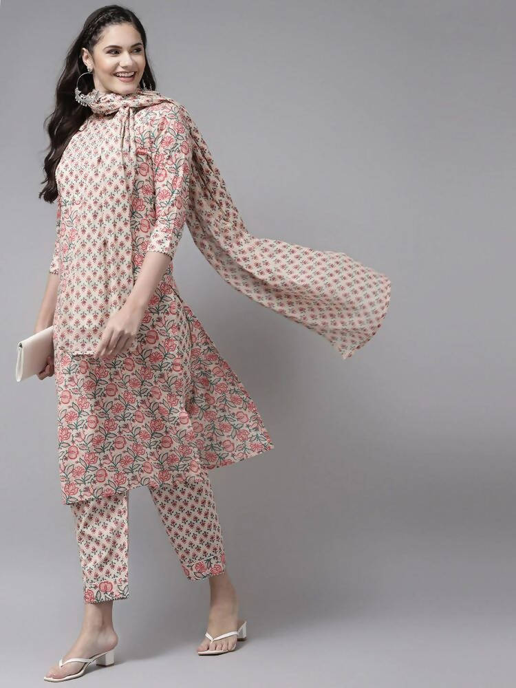 Yufta Pink Ethnic Motifs Printed Regular Pure Cotton Kurta with Trouser & Dupatta
