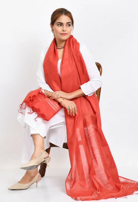 Mominos Fashion Moeza Women's Linen Cotton Silver Border Red Dupatta - Distacart
