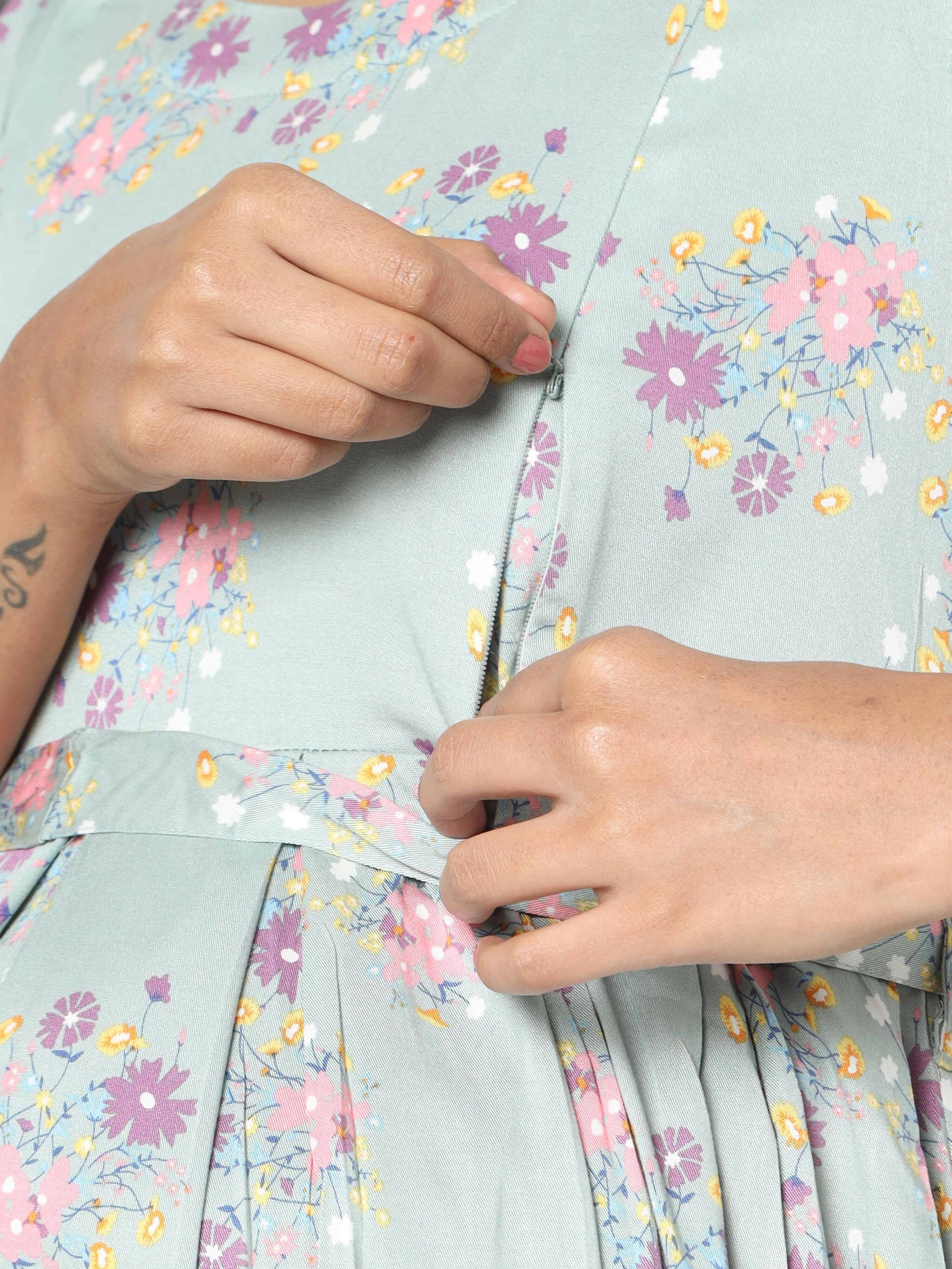 Manet Three Fourth Maternity Dress Pink Floral Print With Concealed Zipper Nursing Access - Green - Distacart