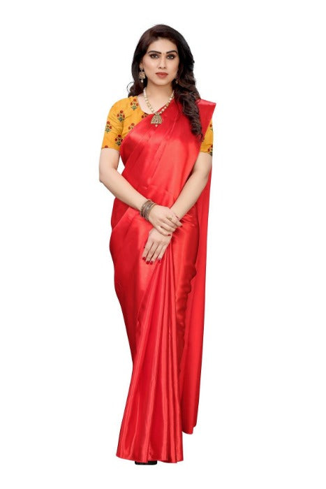 Vamika Plain Red Satin Saree