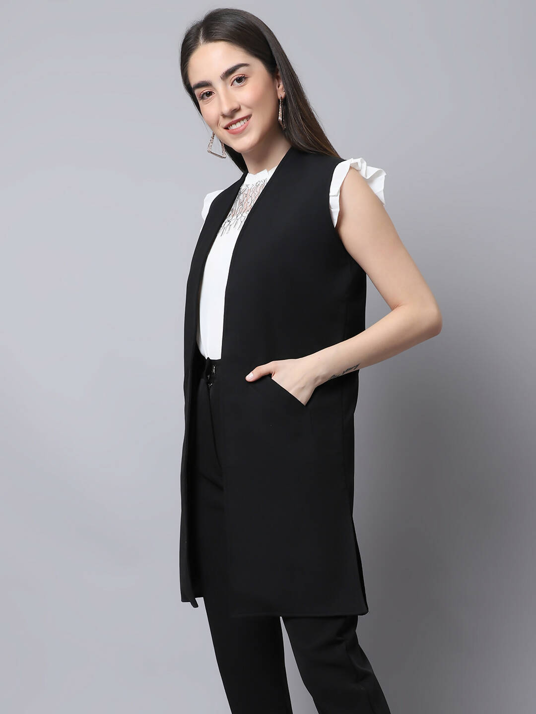 Even Apparels Black Polywool Open Front Women's Long Coat PW668 - Distacart