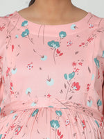Thumbnail for Manet Three Fourth Maternity Dress Floral Print With Concealed Zipper Nursing Access - Peach - Distacart