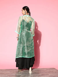 Thumbnail for InWeave Women's Black Strappy Kurta Set With Teal Organza Cape - Distacart