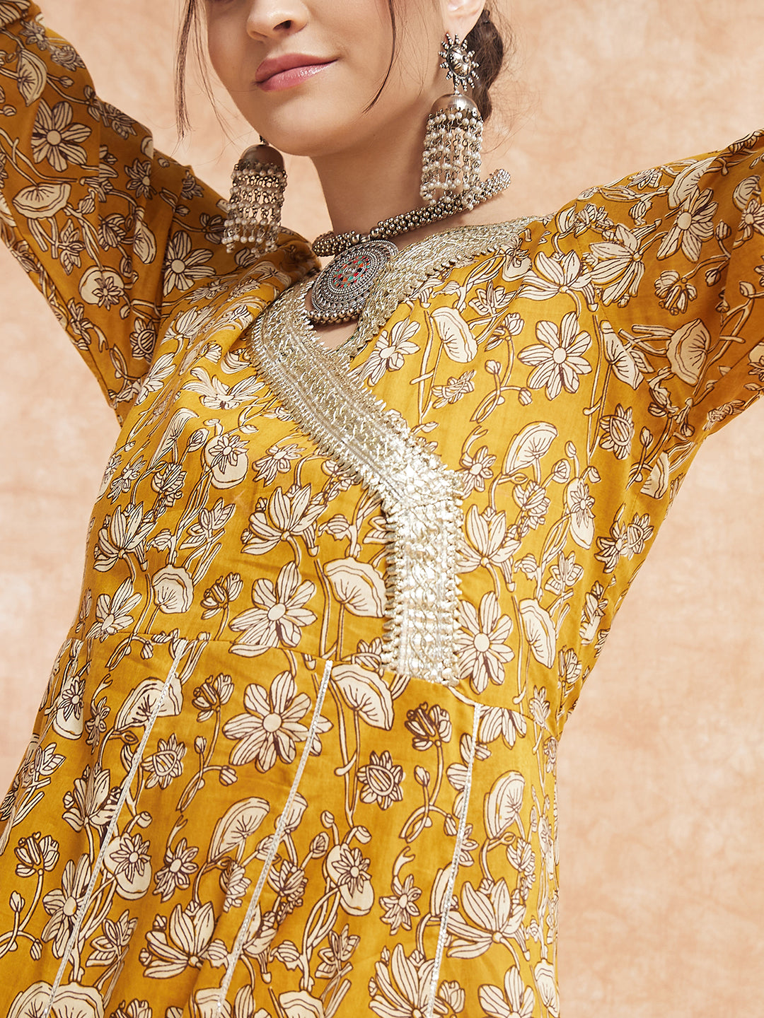 InWeave Women's Mustard Printed Gota Embroidered Anarkali Kurta - Distacart