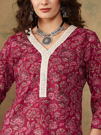 Thumbnail for InWeave Women's Burgundy Maroon Print V Neck Lace Work Straight Kurta - Distacart