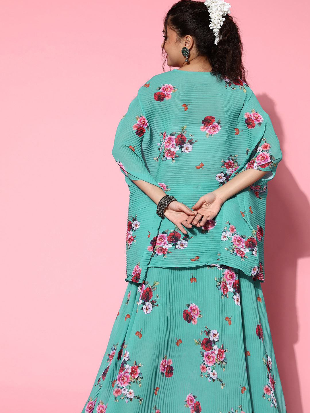 InWeave Women's Blue Floral Print Pleated Kaftan Top - Distacart