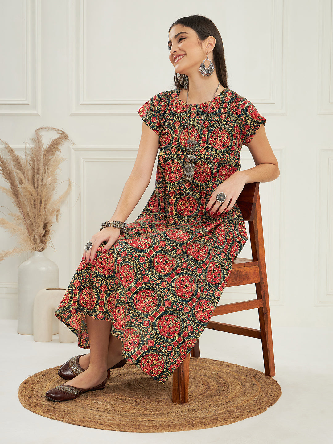 InWeave Women's Green Red Mughal Kalamkari A Line Dress - Distacart