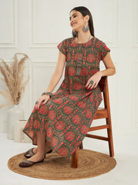 Thumbnail for InWeave Women's Green Red Mughal Kalamkari A Line Dress - Distacart