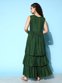 Thumbnail for InWeave Women's Forest Green Gold Print Tiered Sharara Set - Distacart