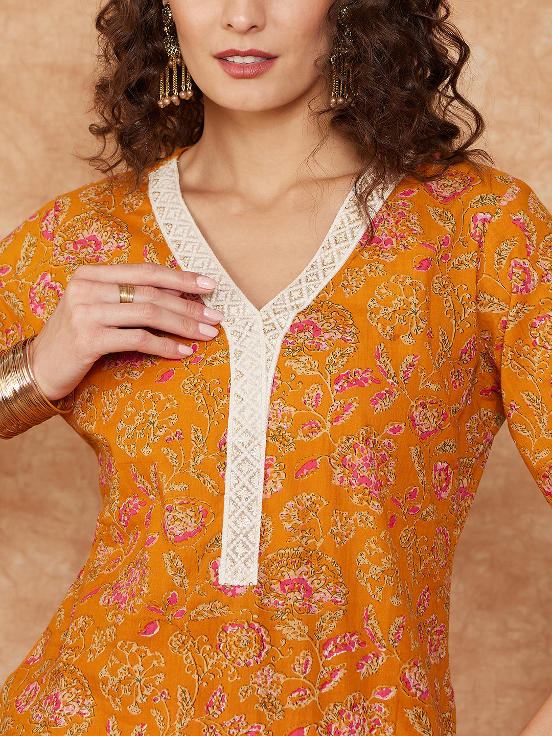 InWeave Women's Fire Yellow Print V Neck Lace Work Straight Kurta - Distacart