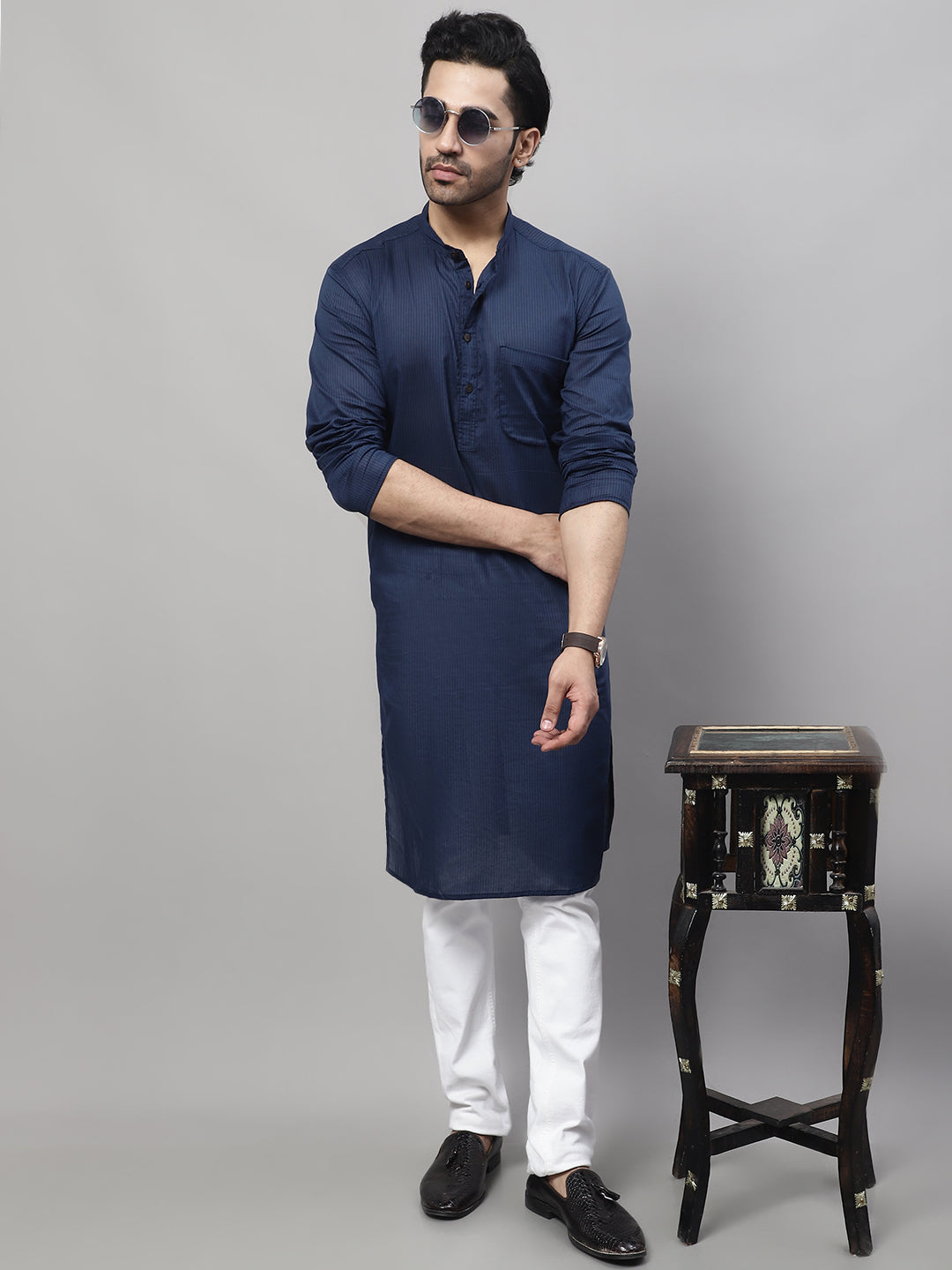 Even Apparels Blue Pure Cotton Kurta With Band Collar - Distacart