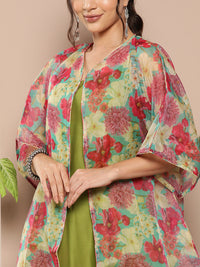 Thumbnail for InWeave Women's Olive Green Strappy Set With Pink Green Floral Cape - Distacart