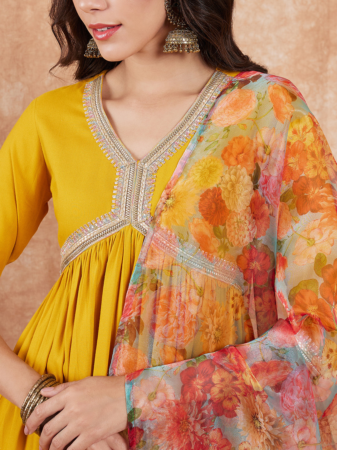 InWeave Women's Mustard Alia Neck Style Gota Set W Organza Dupatta - Distacart