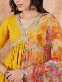 Thumbnail for InWeave Women's Mustard Alia Neck Style Gota Set W Organza Dupatta - Distacart