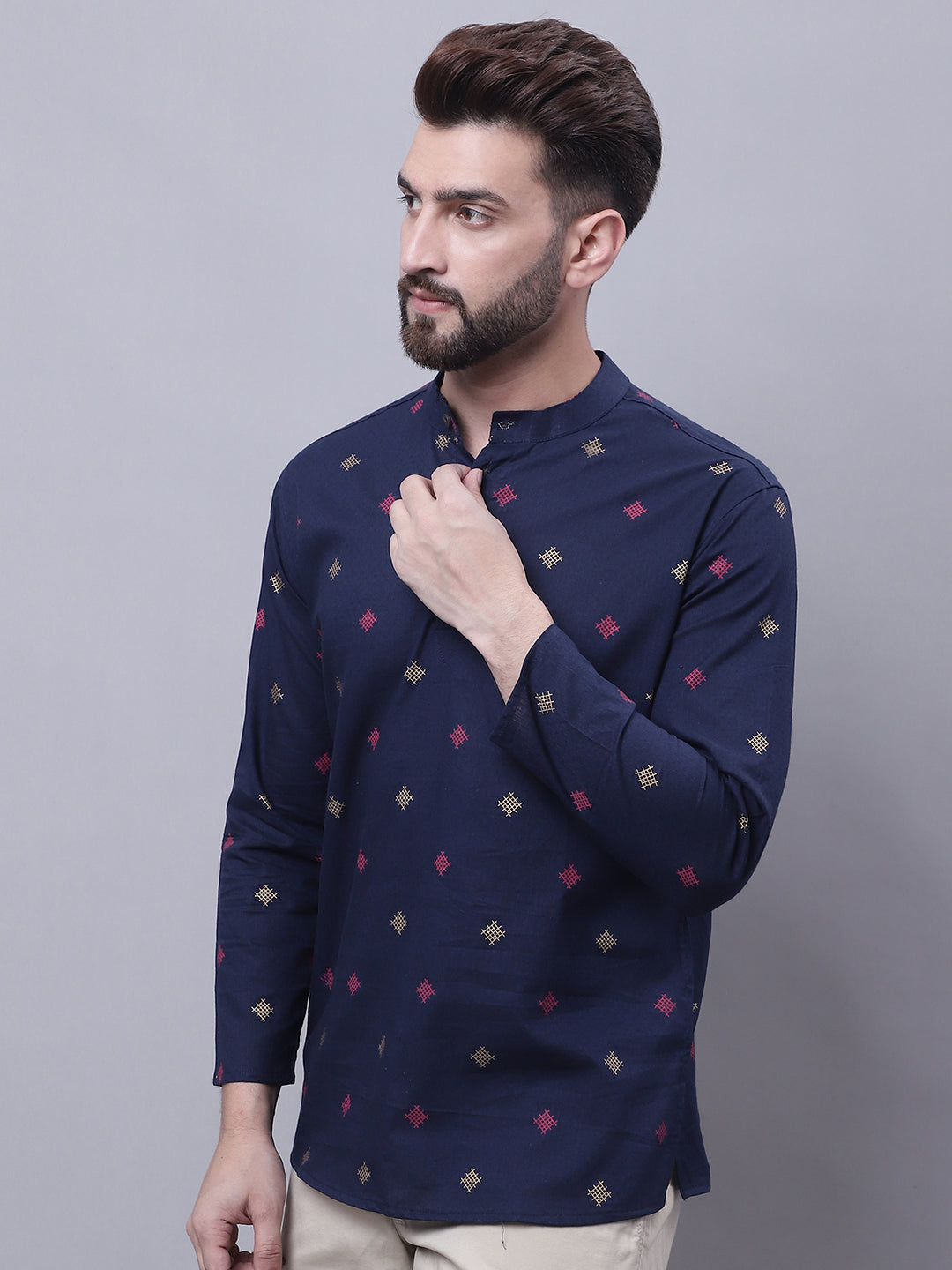 Even Apparels Blue Pure Cotton Short Kurta With Band Collar - Distacart