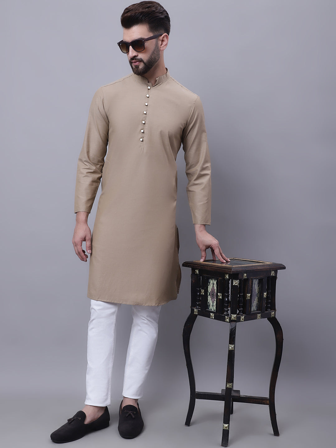 Even Apparels Beige Pure Cotton Kurta With Band Collar - Distacart