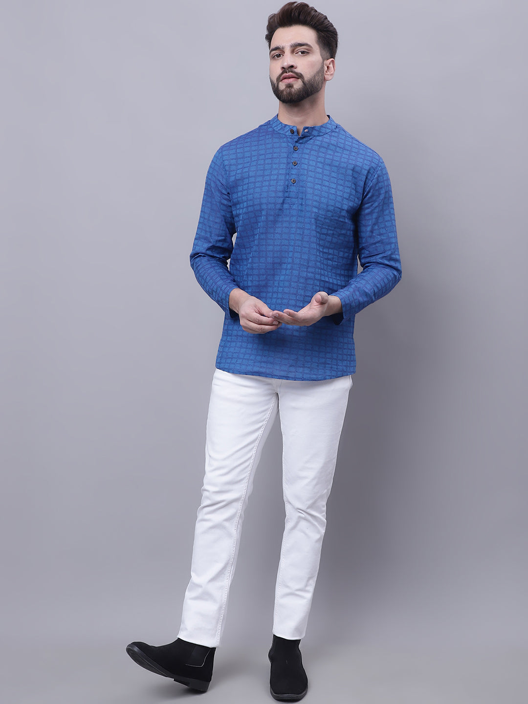 Even Apparels Blue Pure Cotton Short Kurta With Band Collar - Distacart