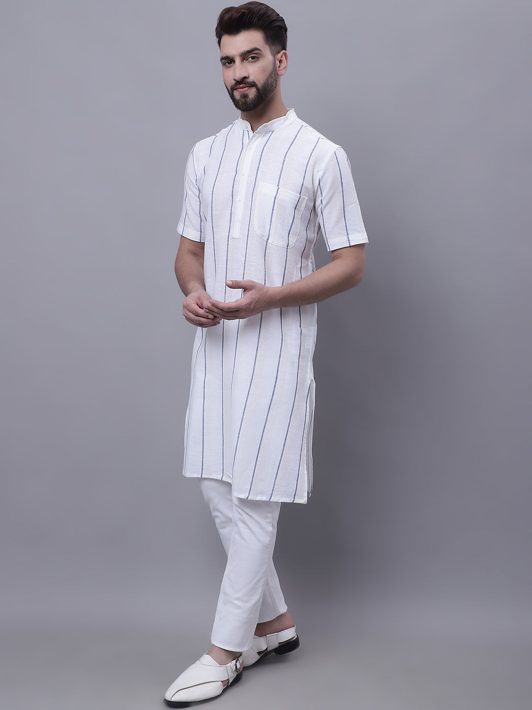Even Apparels Cream Pure Cotton Short Sleeves Kurta With Band Collar - Distacart