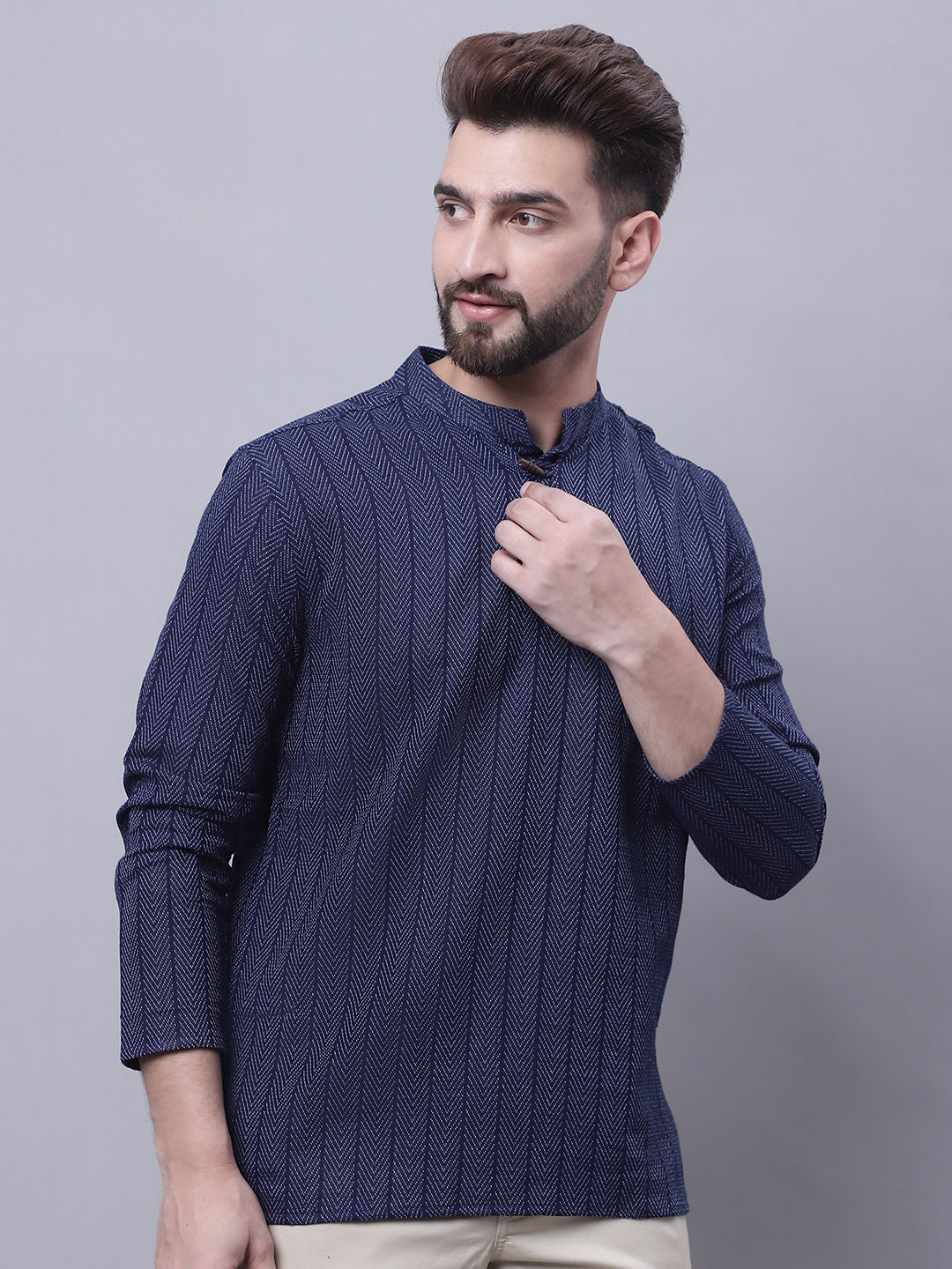 Even Apparels Blue Pure Cotton Short Kurta With Band Collar - Distacart