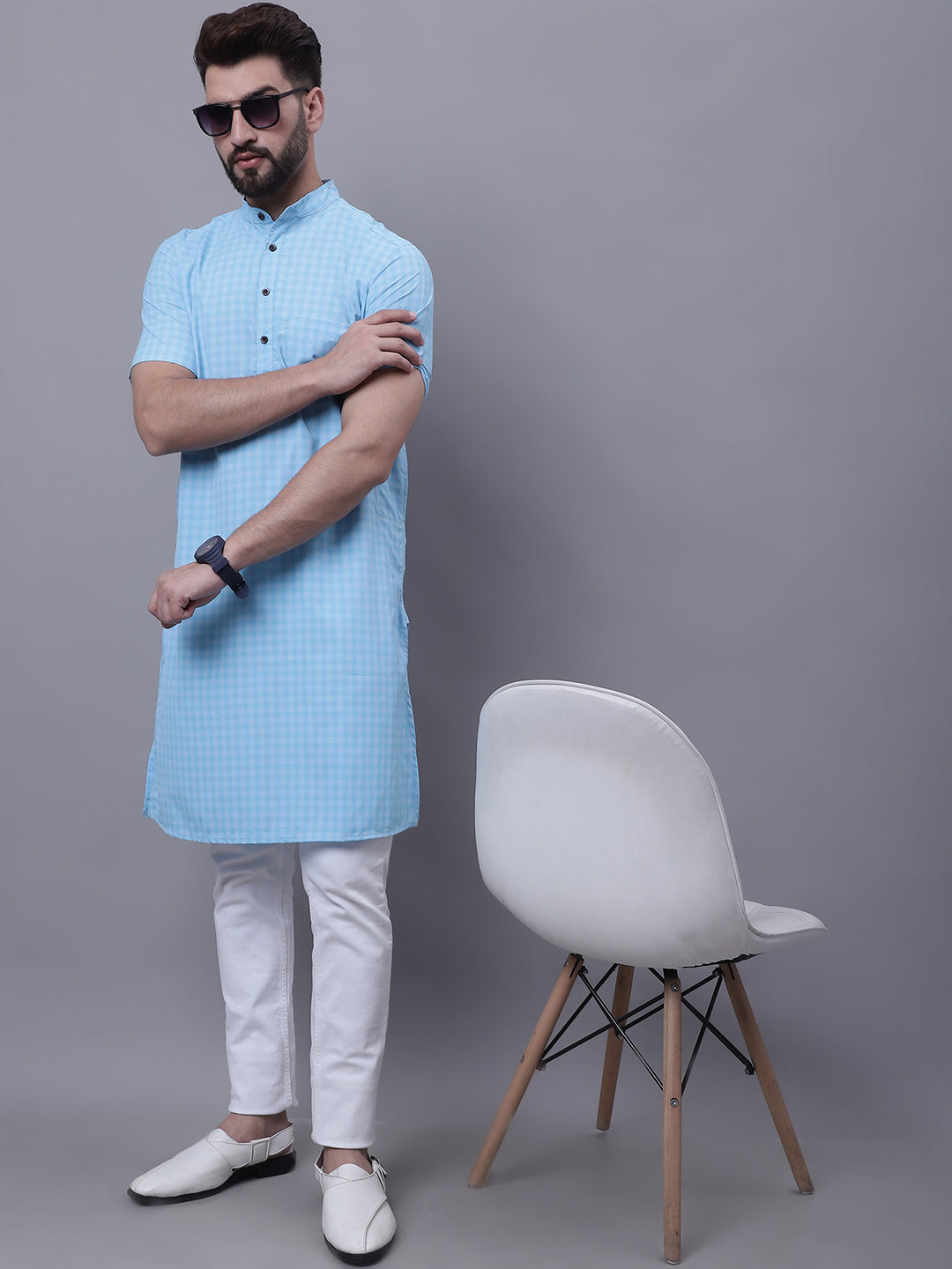 Even Apparels Blue Pure Cotton Short Sleeves Kurta With Band Collar - Distacart