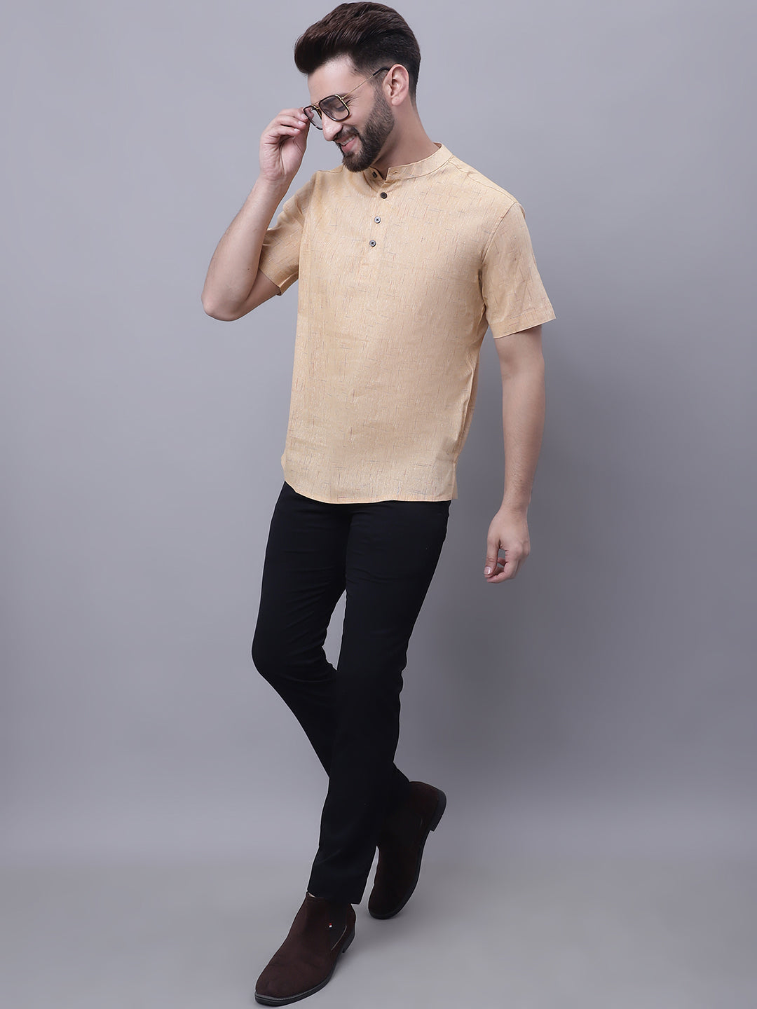 Even Apparels Beige Pure Cotton Short Kurta With Band Collar - Distacart