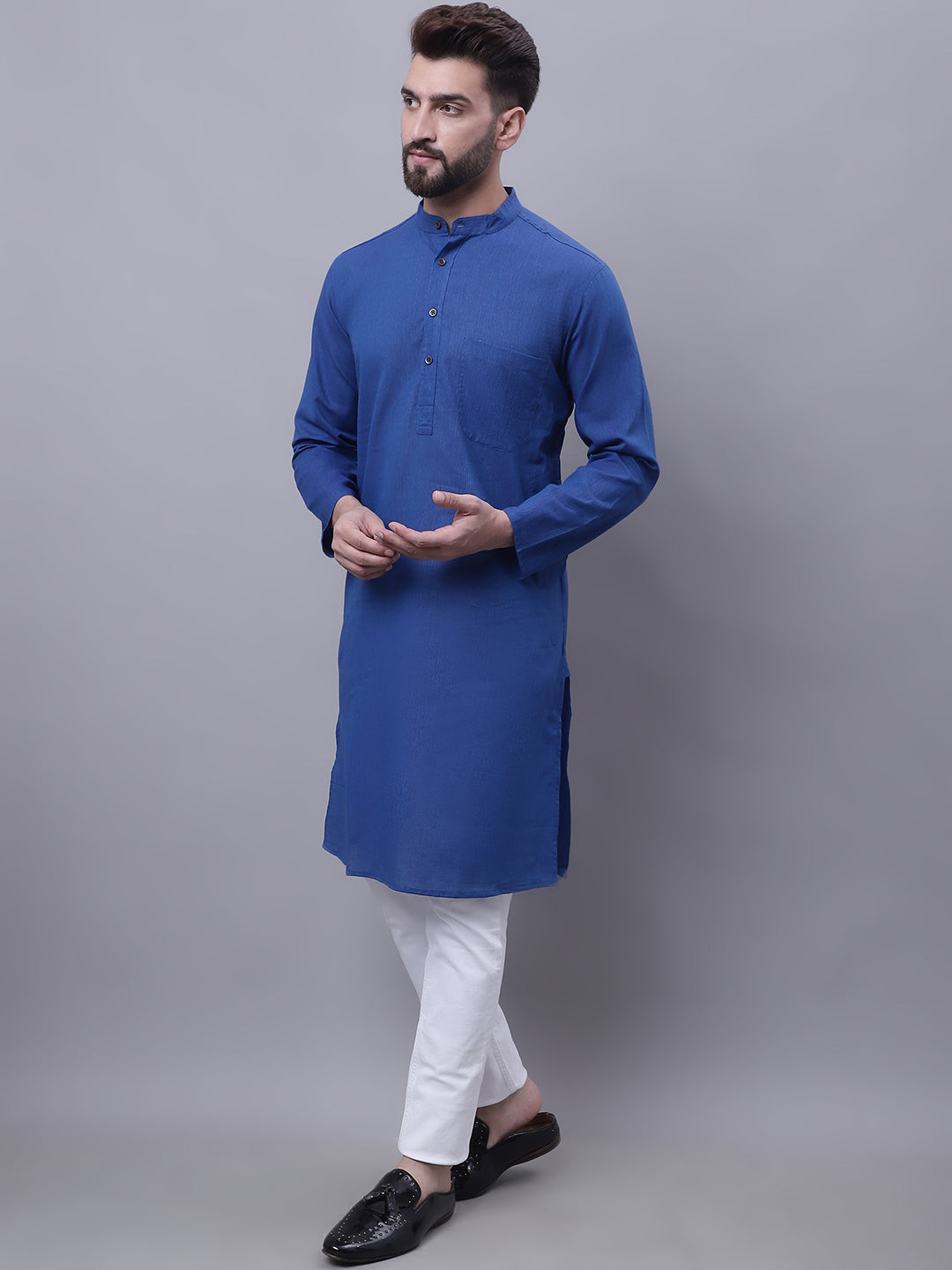 Even Apparels Blue Pure Cotton Kurta With Band Collar - Distacart