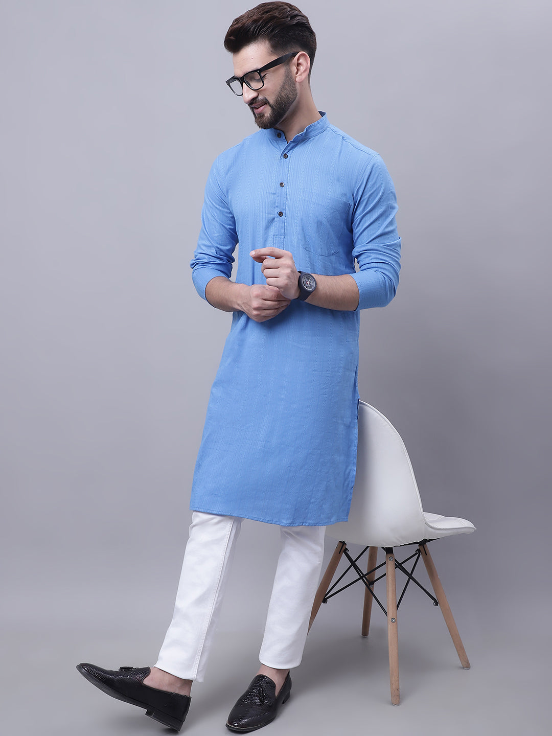 Even Apparels Blue Pure Cotton Kurta With Band Collar - Distacart