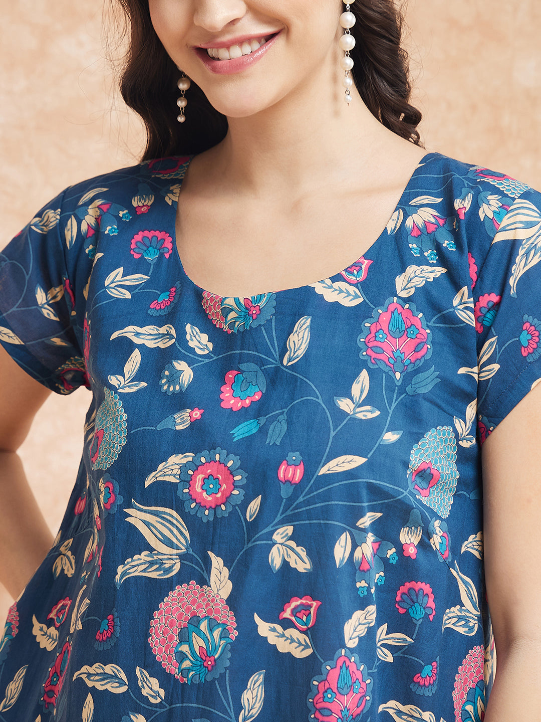 InWeave Women's Blue Pink Kalamkari A Line Dress - Distacart