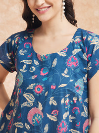 Thumbnail for InWeave Women's Blue Pink Kalamkari A Line Dress - Distacart