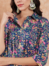 Thumbnail for InWeave Women's Blue Green Pink Floral Print Flared Kurta Pant Set - Distacart