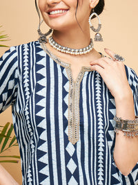 Thumbnail for InWeave Women's White Navy Stripe Print Gota Straight Kurta Pant Set - Distacart