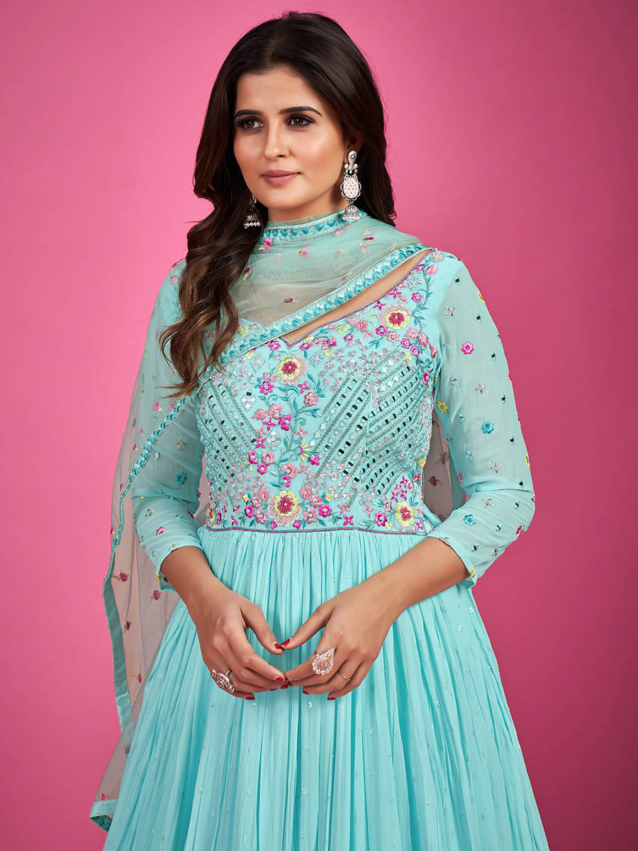 Myra Blue Chinon Silk Embroidered Gown - Distacart