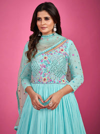 Thumbnail for Myra Blue Chinon Silk Embroidered Gown - Distacart