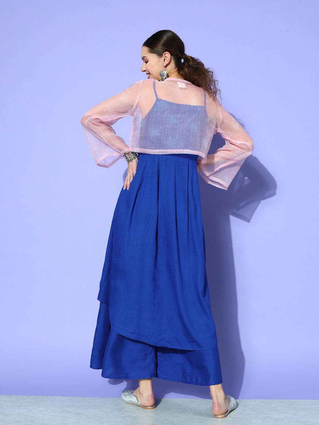 InWeave Women's Ink Blue Strappy Set With Pink Chintz Print Short Organza Cape - Distacart