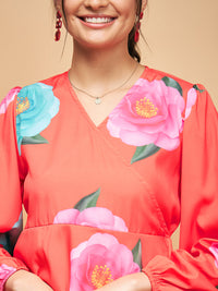 Thumbnail for InWeave Women's Dark Orange Pink Blue Flower Belted Dress - Distacart