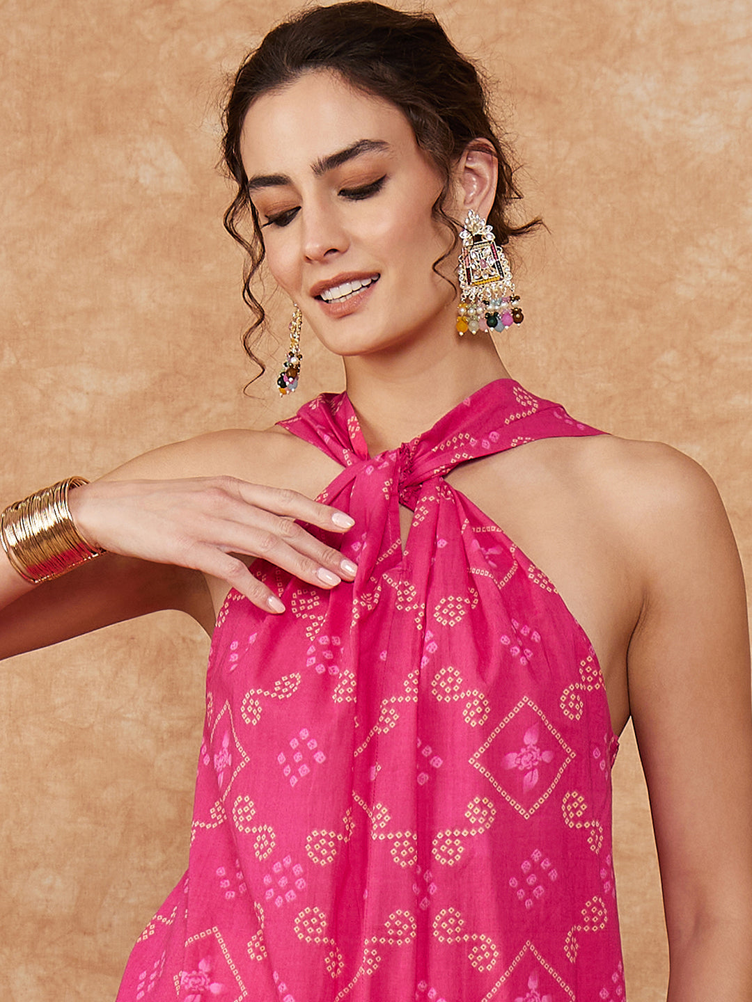 InWeave Women's Fuchsia S Print Twisted Neckline Kurta Pant Set - Distacart