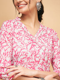 Thumbnail for InWeave Women's Pink Foil White Print Angrakha Stright Kurta - Distacart